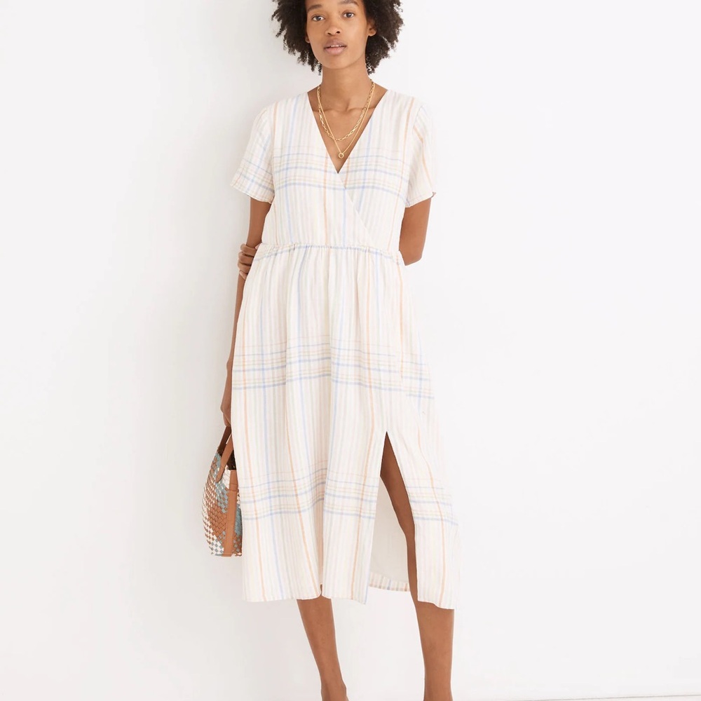 Linen-Blend Clara Midi Dress in Plaid by MADEWELL